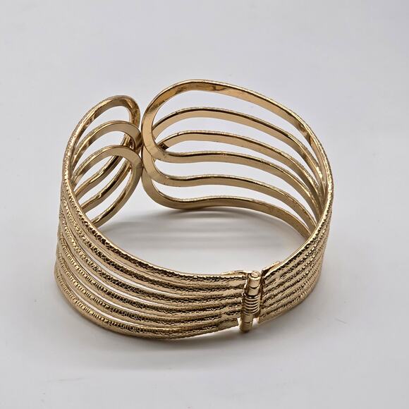 Front Open Gold Tone Textured Metal Hinged Fashion Wide Cuff Bracelet - Picture 5 of 9